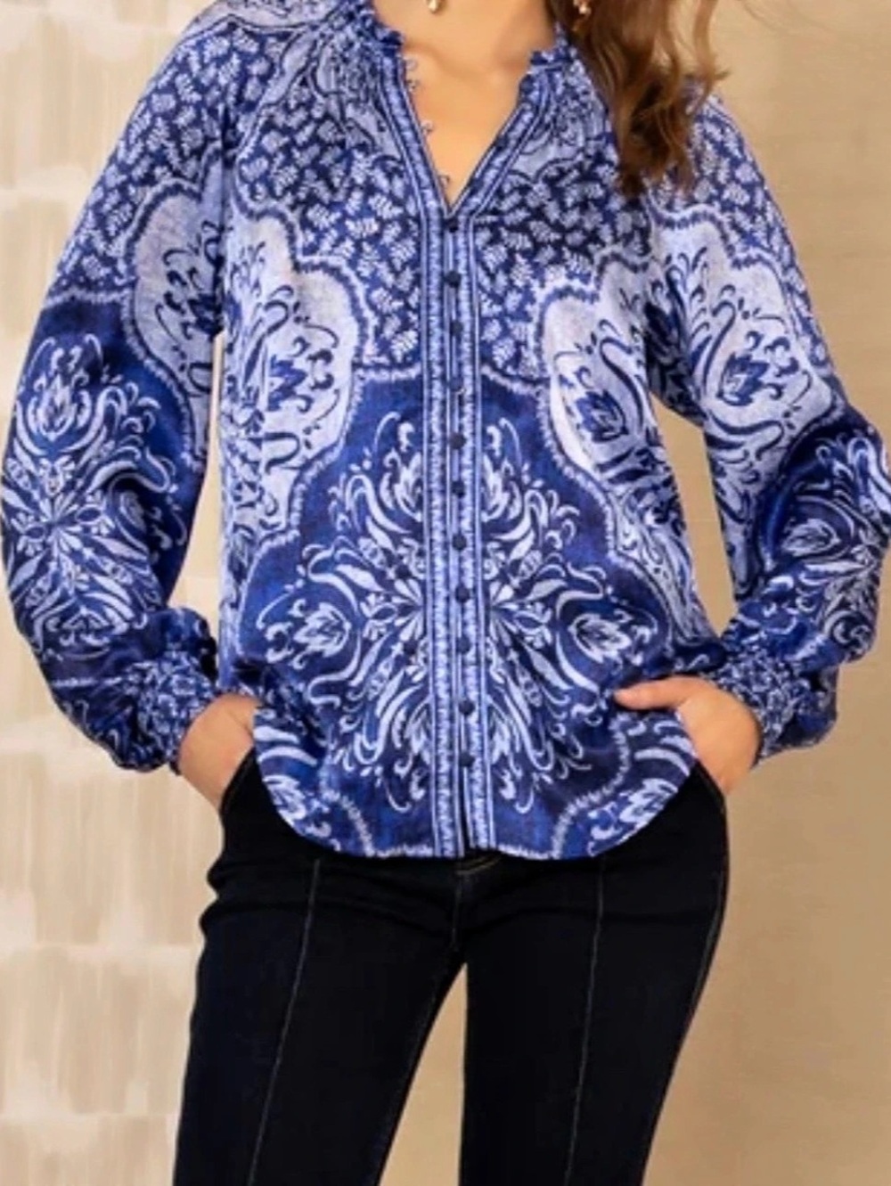 Beautiful Hale Bob Marianna Silk Top in a striking blue and white ornate paisley